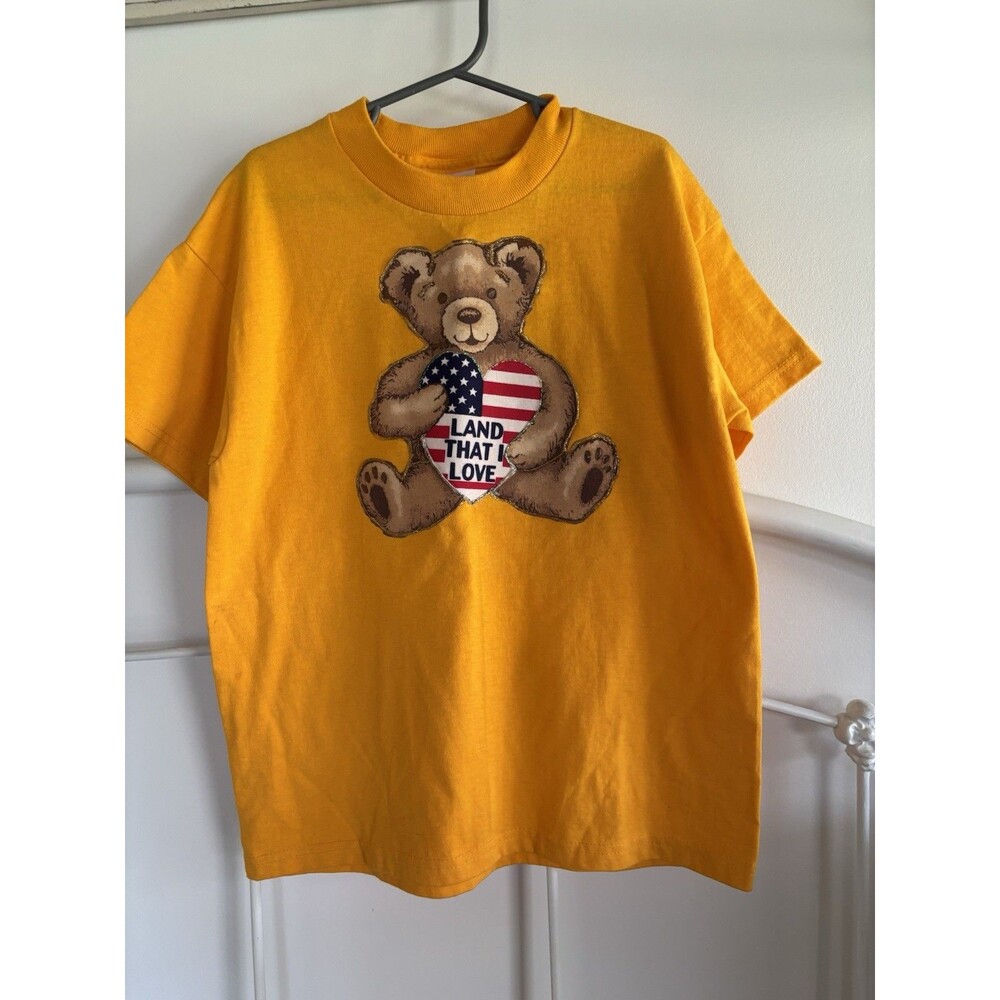 Vintage Kids USA Patriotic Bear Shirt Handmade 10/12 Medium Two Sides Flag 90’s